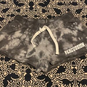 Terry tie dyed shorts w/ ‘percussion’ written on left leg